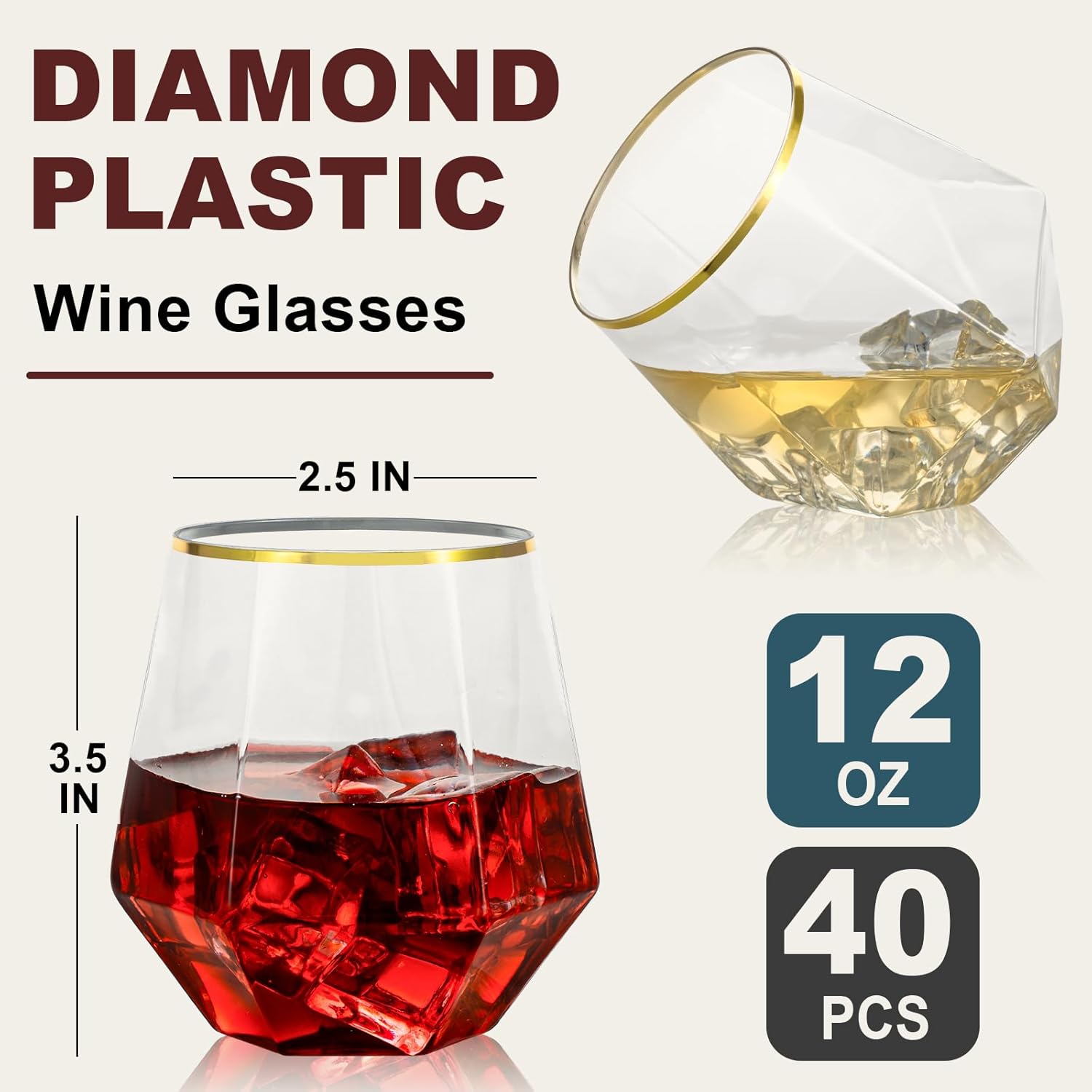 Goodluck 40 PCS Diamond Stemless Plastic Wine Whiskey Glasses, 12 Oz Disposable Cocktail Glasses, Suitable for Weddings, Birthday Parties, Family Gatherings, Bars, etc Gold rimmed cups