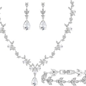 Bridal Wedding Elegant Floral Jewelry Set for Women/Brides/Bridesmaids Crystal Jewelry Set for Wedding Prom Party Bridal Crystal Necklace Earrings Bracelet Set