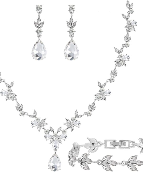 Bridal Wedding Elegant Floral Jewelry Set for Women/Brides/Bridesmaids Crystal Jewelry Set for Wedding Prom Party Bridal Crystal Necklace Earrings Bracelet Set