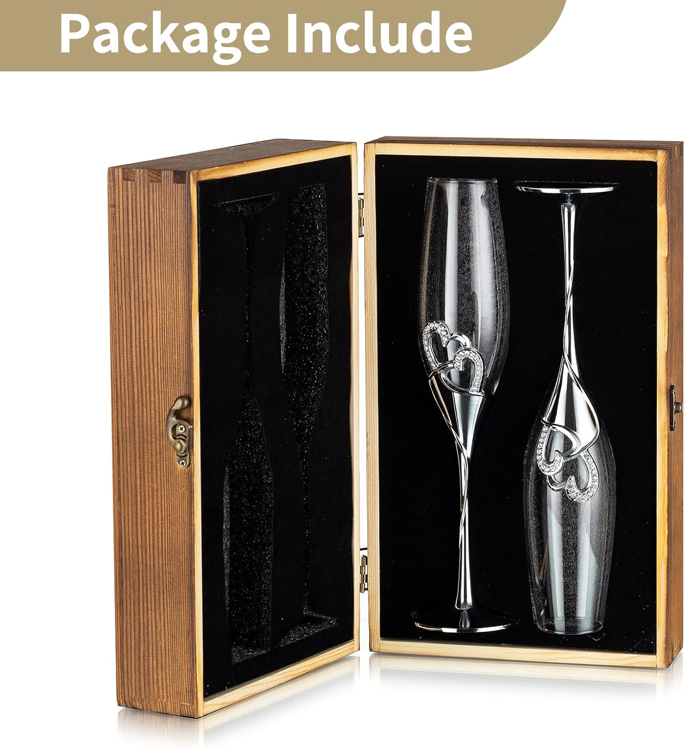 NUPTIO Champagne Flutes Glasses Wedding: Champagne Flute with Wooden Gift Box Crystal Prosecco Glass Set of 2, Silver Gift Set for Engagement Toasting Anniversary Party Bridal Showers