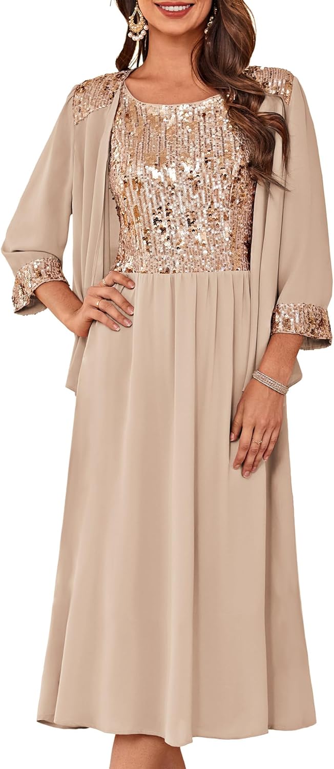 GRACE KARIN Wedding Guest Dress Mother of The Bride Dresses Two Piece Formal Sequin Dress with Jacket Tea Length 2025