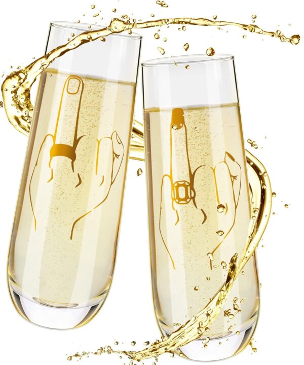 2 Pieces Wedding Champagne Glasses - Bride Ring Finger Wine Glass, Funny Mr and Mrs Gift for Bride Groom - 9.8 oz Engagement Wine Glasses