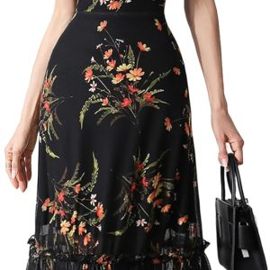 GothDark Women's Summer Mesh Ruffle Dress Short Sleeve Round Neck Waist Cinched Casual Maxi Wedding Guest Dresses