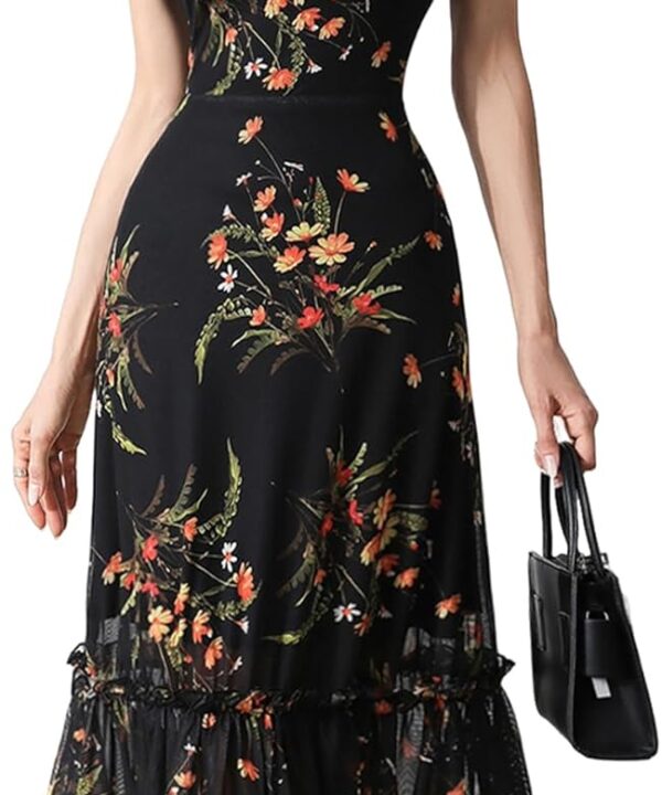 GothDark Women's Summer Mesh Ruffle Dress Short Sleeve Round Neck Waist Cinched Casual Maxi Wedding Guest Dresses