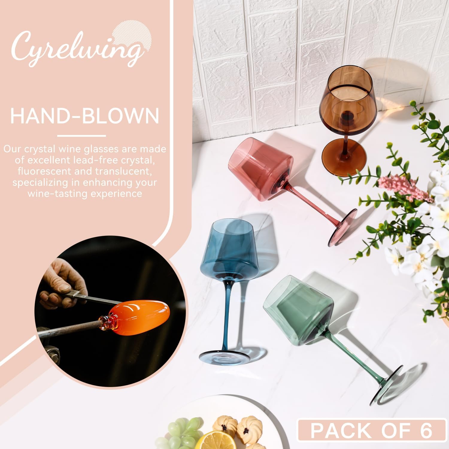 Colored Wine Glasses Set of 6-18ozHand BlownCrystal Colorful Wine Glasses with Stem-Muticolor Wine Glass Wedding gift set for wine lovers Red White Wine Dinner