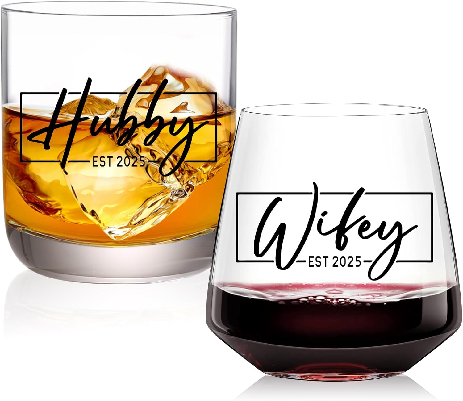 Wedding Gifts for Couples,Hubby & Wifey EST 2025 Wedding Glass Set,Bridal Shower Gifts for Bride and Groom, Newly-Married Anniversary for Him/HerMr and Mrs Gift