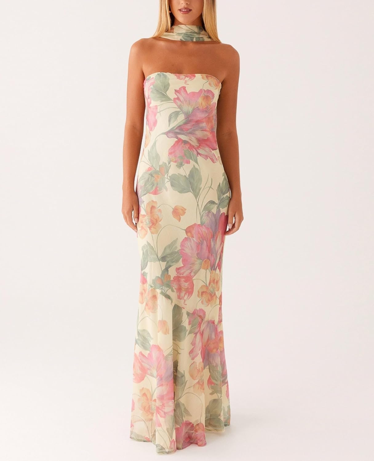 Women Strapless Floral Dress with Sarf Mesh Tube Maxi Dress Summer Cocktail Wedding Guest