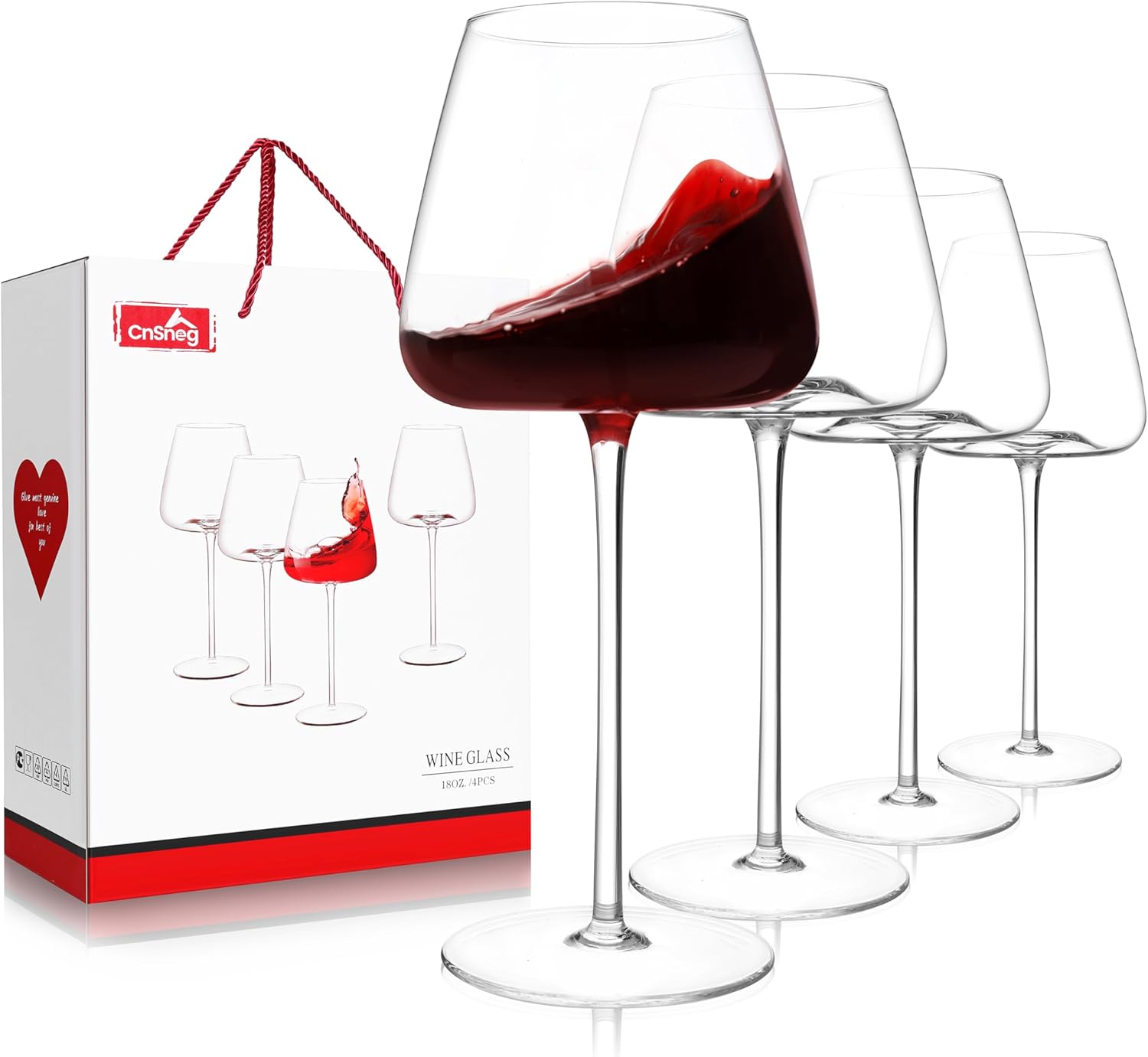 Red Wine Glasses Set of 4, Hand Blown Premium Crystal Wine Glass 18oz, Thin Rim, Long Stem White Wine Glasses for Wedding, Christmas, Birthday Gift