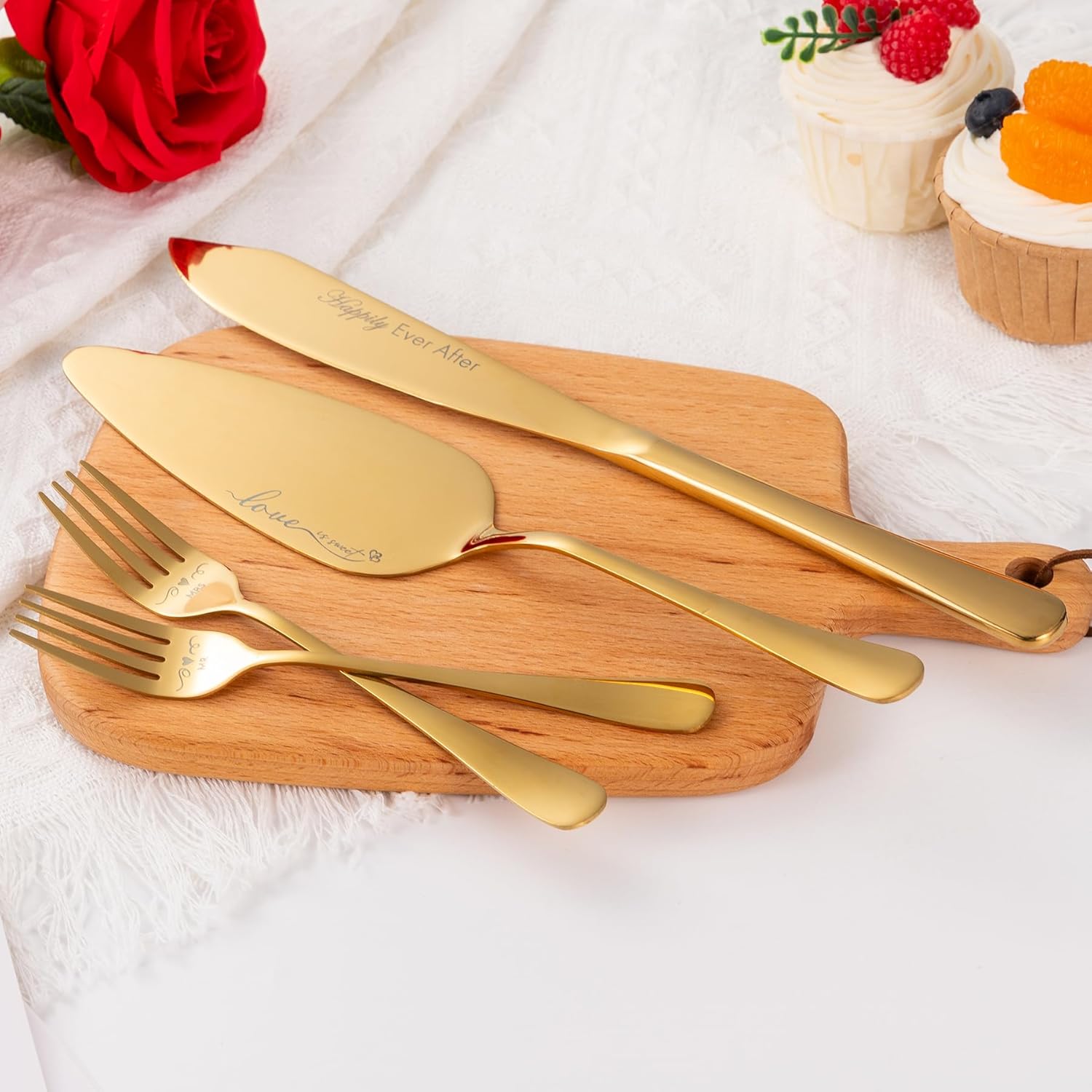 Wedding Cake Knife and Server Set, Mr and Mrs Champagne Flutes With Cake Cutting Set, Glasses for Bride and Groom (Gold)