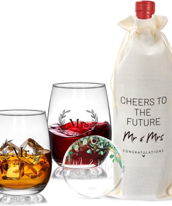 Wedding Gifts for Couples 2025, Mr and Mrs Gifts, Bridal Shower 18 Oz Wine Glass Set