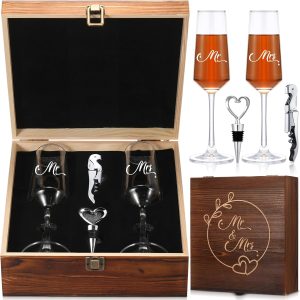 LemonRoad Wedding Gift Newlyweds Champagne Flute Set of 2 Bridal Shower Champagne Glasses Wine Opener Wine Stopper with Engraved Wooden Keepsake Box Engagement Gift for Couples(Mr & Mrs)