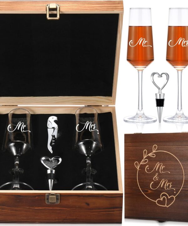 LemonRoad Wedding Gift Newlyweds Champagne Flute Set of 2 Bridal Shower Champagne Glasses Wine Opener Wine Stopper with Engraved Wooden Keepsake Box Engagement Gift for Couples(Mr & Mrs)