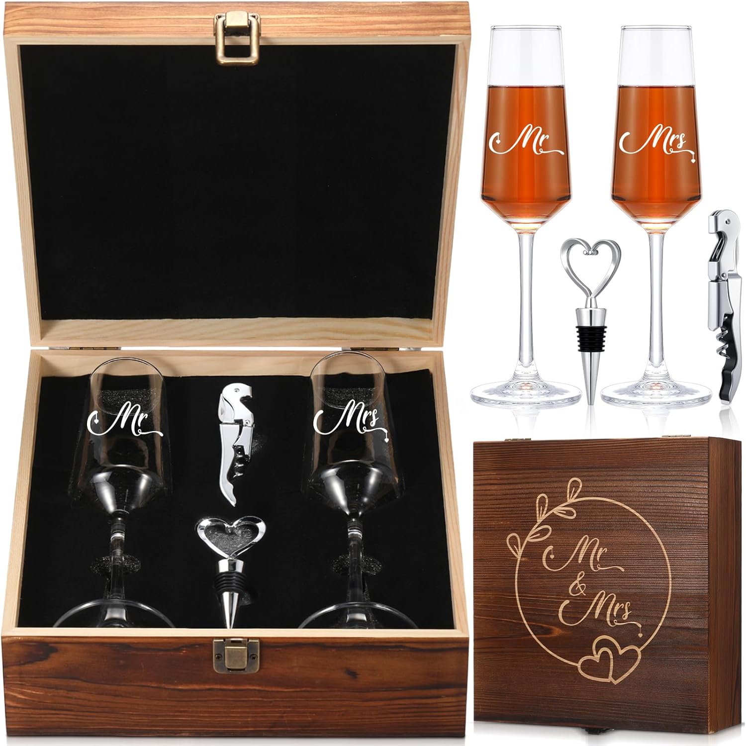 LemonRoad Wedding Gift Newlyweds Champagne Flute Set of 2 Bridal Shower Champagne Glasses Wine Opener Wine Stopper with Engraved Wooden Keepsake Box Engagement Gift for Couples(Mr & Mrs)
