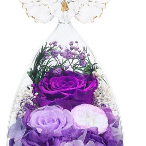 FIACO Gifts for Women Mom Preserved Rose Forever Flower in Glass Angel Figurine Fresh Flowers for Delivery Birthday Gifts for Grandma Wife Sister Christmas Anniversary Eternal Purple Roses
