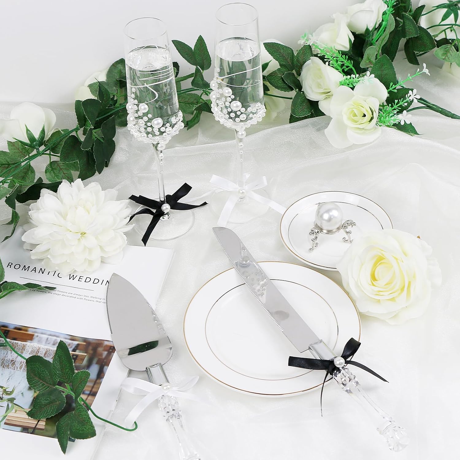 Wedding Toasting Flutes and Cake Server Set of 4 – Champagne Glasses and Knife Server Set, Bride and Groom Wine Glasses and Cake Knives Set Gifts for Bridal Shower Anniversary Engagement Chirstmas