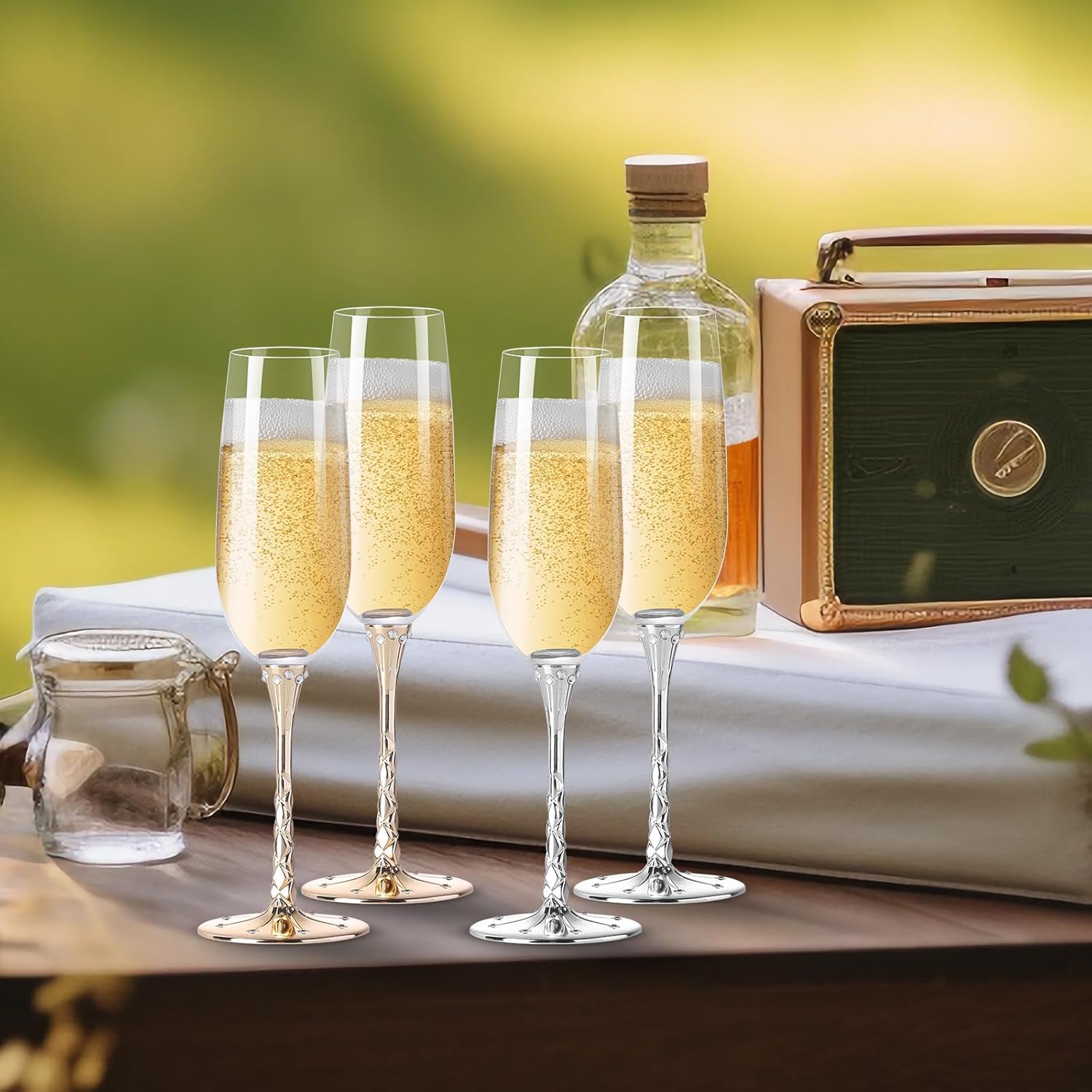 Hanjue Champagne Glasses Set of 2, Clear Champagne Flutes 7 Oz – Ideal for Gifts,Parties, Wedding, Christmas, Long-lasting and Reusable Bar Glassware (Gold)