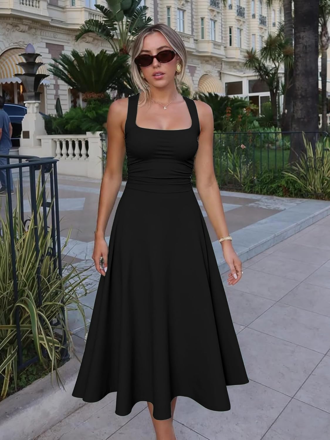 Kaximil Women’s Square Neck Corset A Line Maxi Dress Ruffle Ruched Waist Flowy Long Dresses