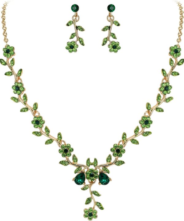 BriLove Women's Wedding Jewelry Leaf Cluster Flower Crystal Dangle Earrings Pendant Necklace Set for Bridal
