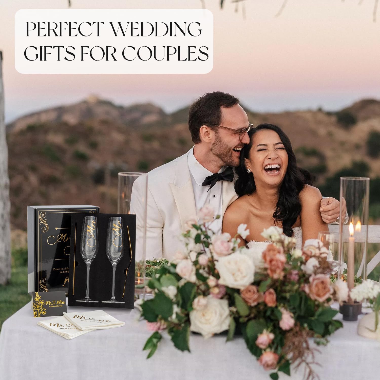 Wedding Cake Knife And Server Set Mr Mrs Champagne Flutes, Bride And Groom Gold Engraved Toasting Glasses With Cocktail Napkins Cake Cutting Set For Wedding, Personalized Engagement Gifts For Couple