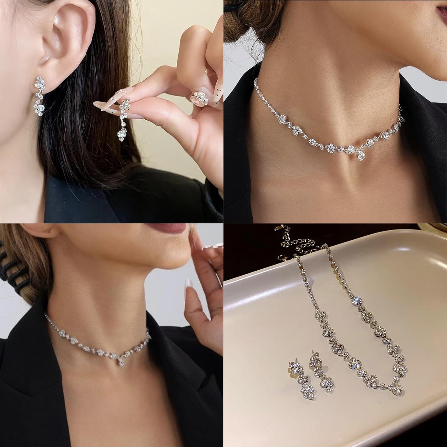 Crystal Wedding Jewelry Set, Silver Necklace Earrings Bracelet Crystal Bridal Wedding Jewelry Sets for Brides Bridesmaid Prom Costume Accessories