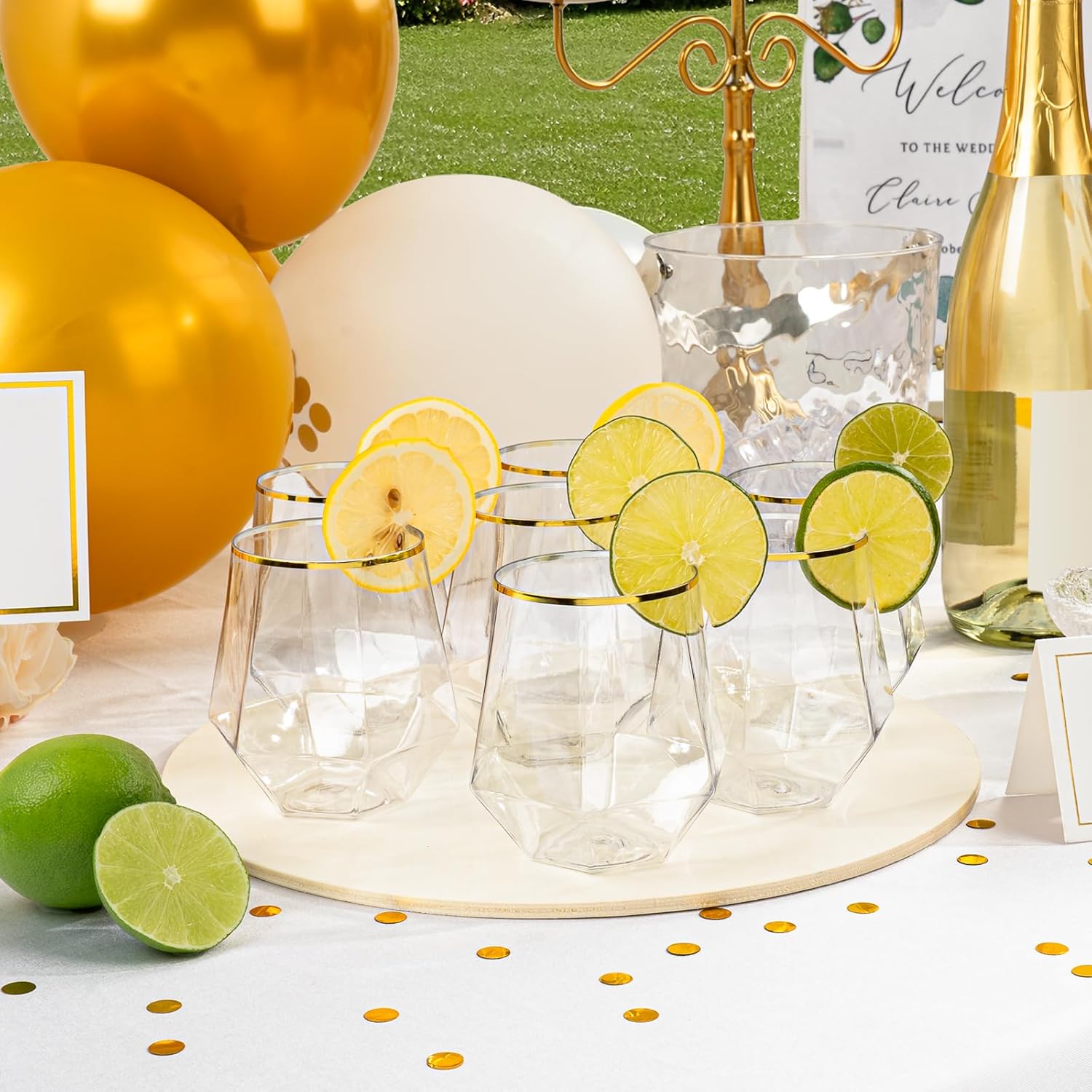 Goodluck 40 PCS Diamond Stemless Plastic Wine Whiskey Glasses, 12 Oz Disposable Cocktail Glasses, Suitable for Weddings, Birthday Parties, Family Gatherings, Bars, etc Gold rimmed cups