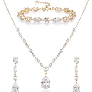 Crysdue Teardrop Bridal Jewelry Set for Wedding Party, Silver/14K/Rose Gold Plated Prom Costume Jewellery for Bride Bridesmaids Women, Cubic Zirconia Necklace Dangle Earrings Bracelet
