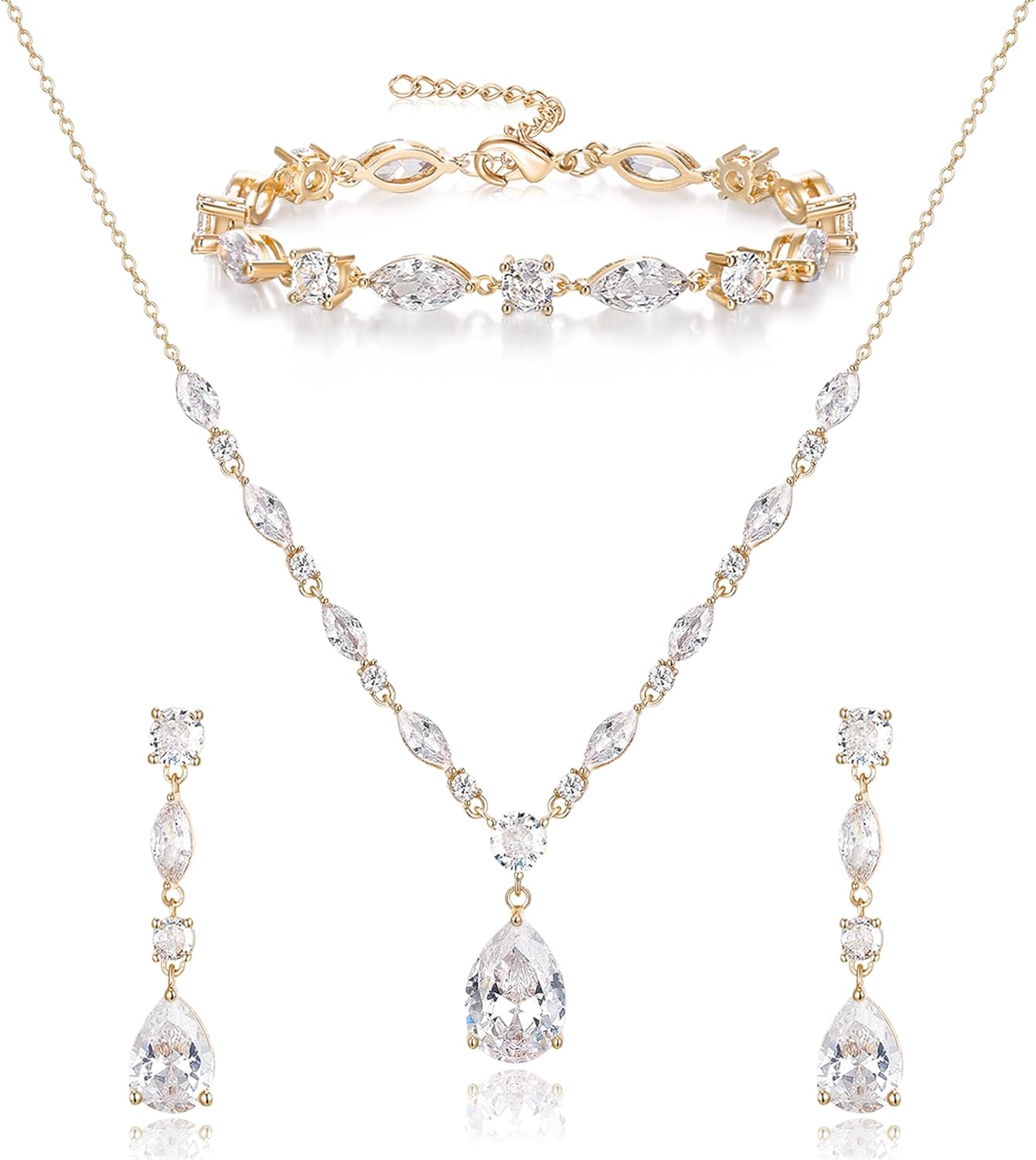Crysdue Teardrop Bridal Jewelry Set for Wedding Party, Silver/14K/Rose Gold Plated Prom Costume Jewellery for Bride Bridesmaids Women, Cubic Zirconia Necklace Dangle Earrings Bracelet