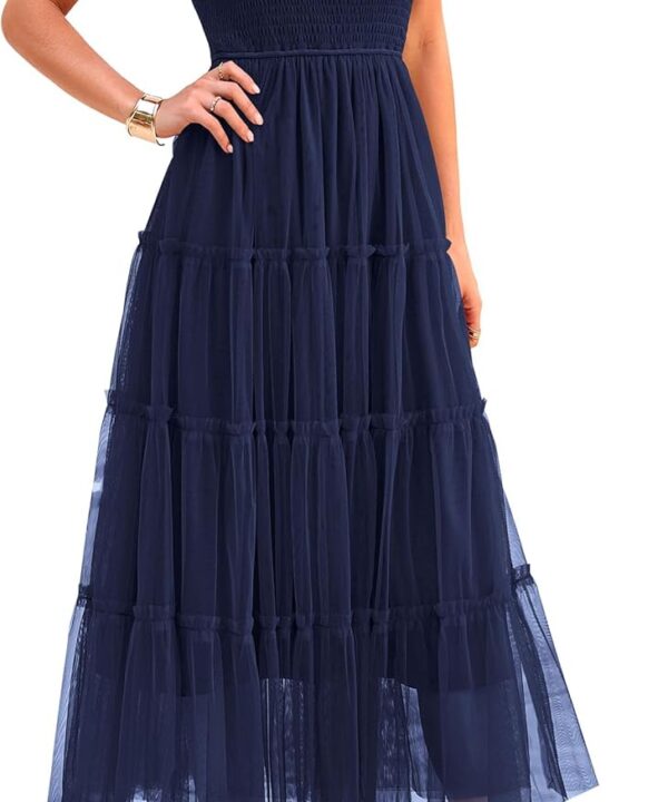 PRETTYGARDEN Women's Summer Tulle Midi Dress Sleeveless Smocked Ruffle Flowy Mesh Dresses Party Wedding Guest Sundress