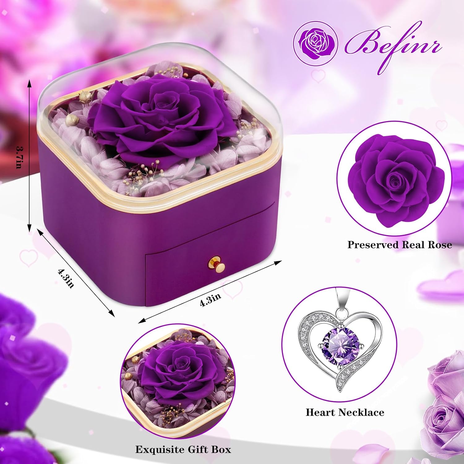 Beferr Gifts for Women Mom Preserved Rose Forever Flower with Necklace Fresh Flowers for Delivery Prime Birthday Gifts for Wife Sister Grandma Christmas Anniversary Eternal Purple Roses