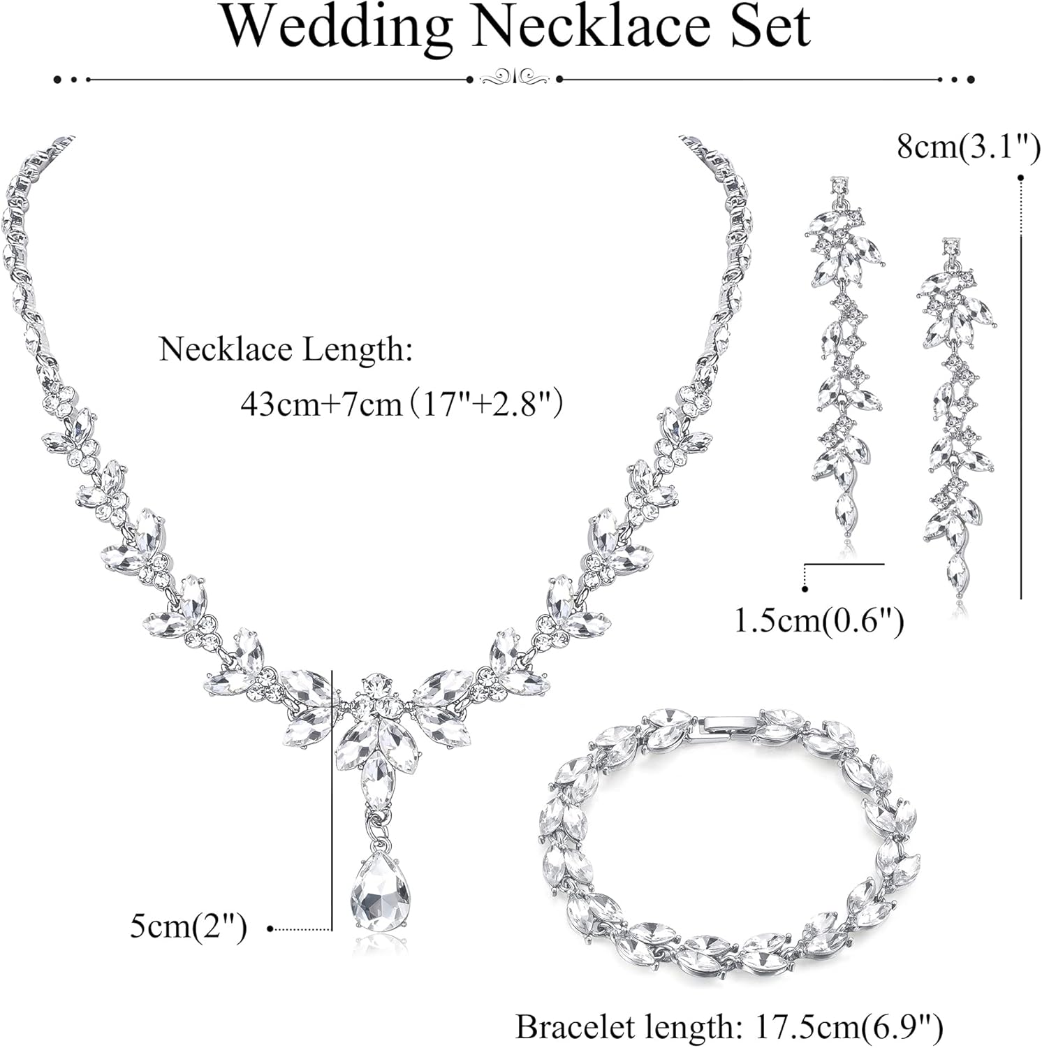 FIASASO Prom Jewelry Set Necklace Dangle Earrings Bracelet Bride Bridesmaid Crystal Bridal Jewelry Set for Wedding Rhinestone Engagement Party Prom Jewelry Set for Women