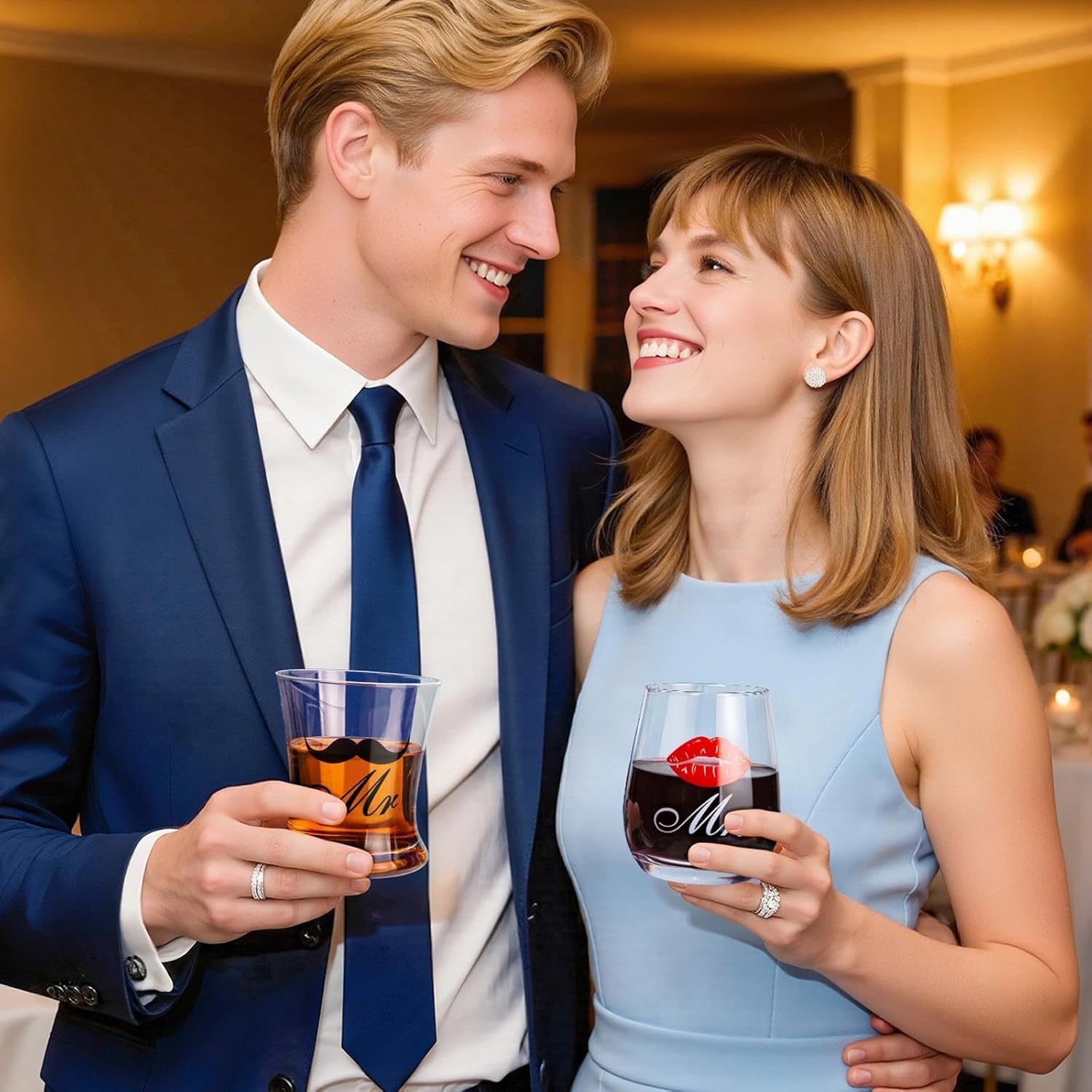 LIGHTEN LIFE Wedding Engagement Gifts for Couples, Bridal Shower Gift for Bride and Groom Newlyweds, Anniversary Mr and Mrs Whiskey Wine Glasses Set with Appron