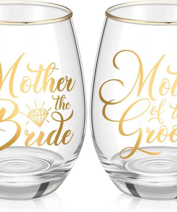 2 Pcs Mother of the Bride and Groom Gifts Wine Glasses Drink Cup 15 Ounce Stemless Wedding Toasting Glass Tumbler Wedding Proposal Gift for Mother(Gold)
