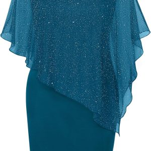 SeSe Code Women's Mesh Cape Overlay Bodycon Knee Length Pencil Dress for Wedding Guest