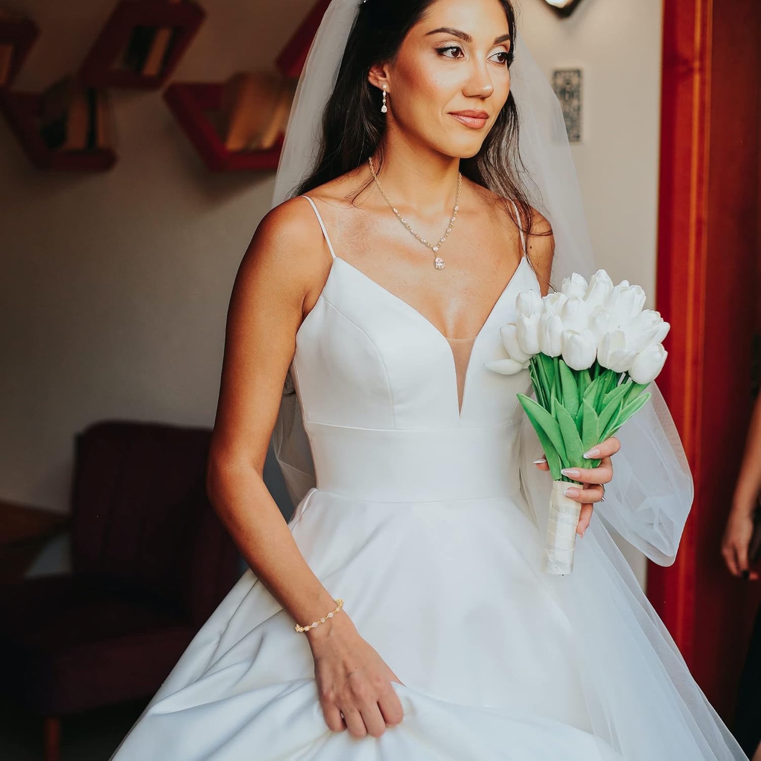 Crysdue Teardrop Bridal Jewelry Set for Wedding Party, Silver/14K/Rose Gold Plated Prom Costume Jewellery for Bride Bridesmaids Women, Cubic Zirconia Necklace Dangle Earrings Bracelet