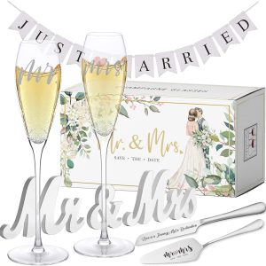 Engraved Mr and Mrs Champagne Flutes with Wooden Sign Set,Toasting Glasses for Bride and Groom,Wedding Cake Knife and Server Set with Just Married Banner for Reception and Ceremony