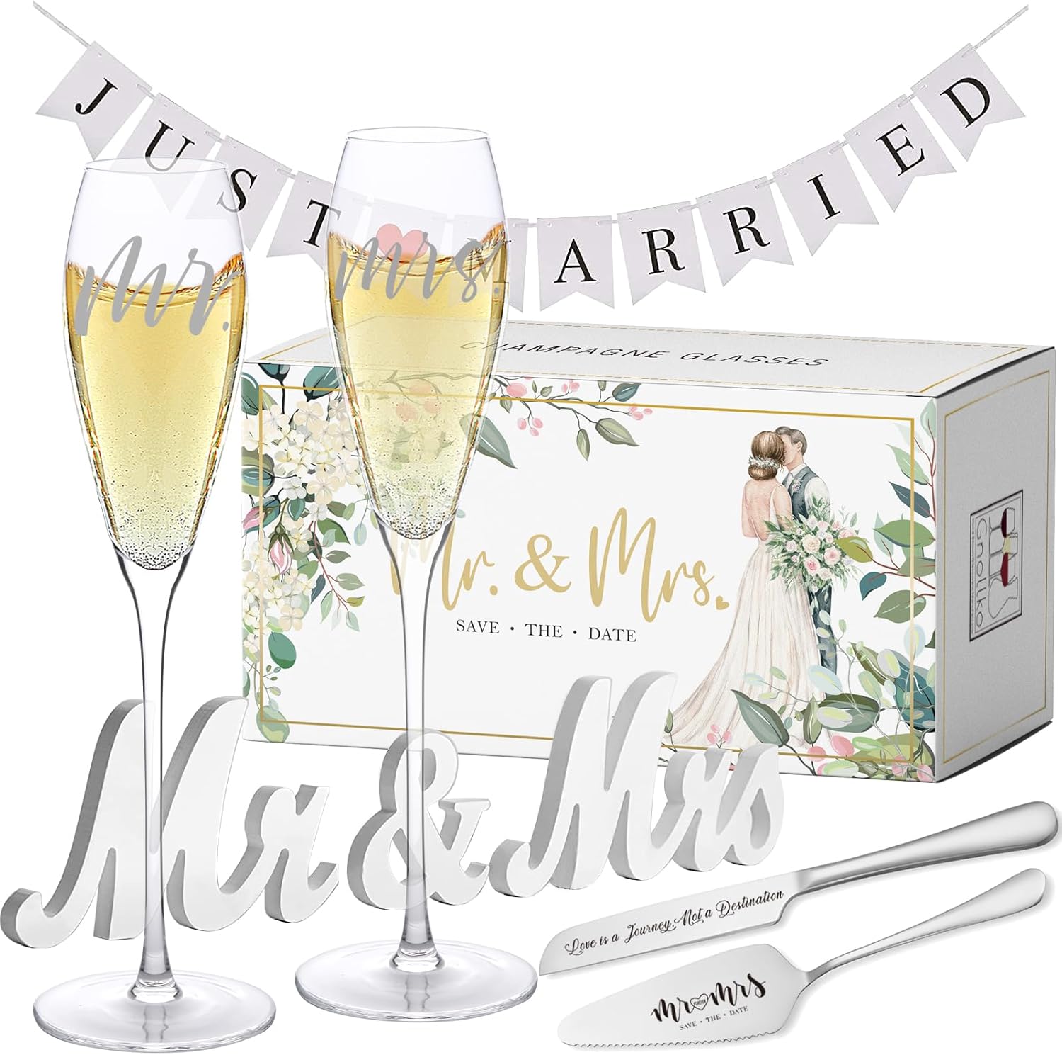 Engraved Mr and Mrs Champagne Flutes with Wooden Sign Set,Toasting Glasses for Bride and Groom,Wedding Cake Knife and Server Set with Just Married Banner for Reception and Ceremony