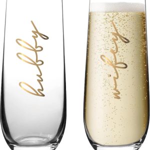 Hubby and Wifey Champagne Flutes, Wedding Flutes for Bride and Groom, Crystal Stemless Wine Glasses for Wedding, Newlyweds & Engagement