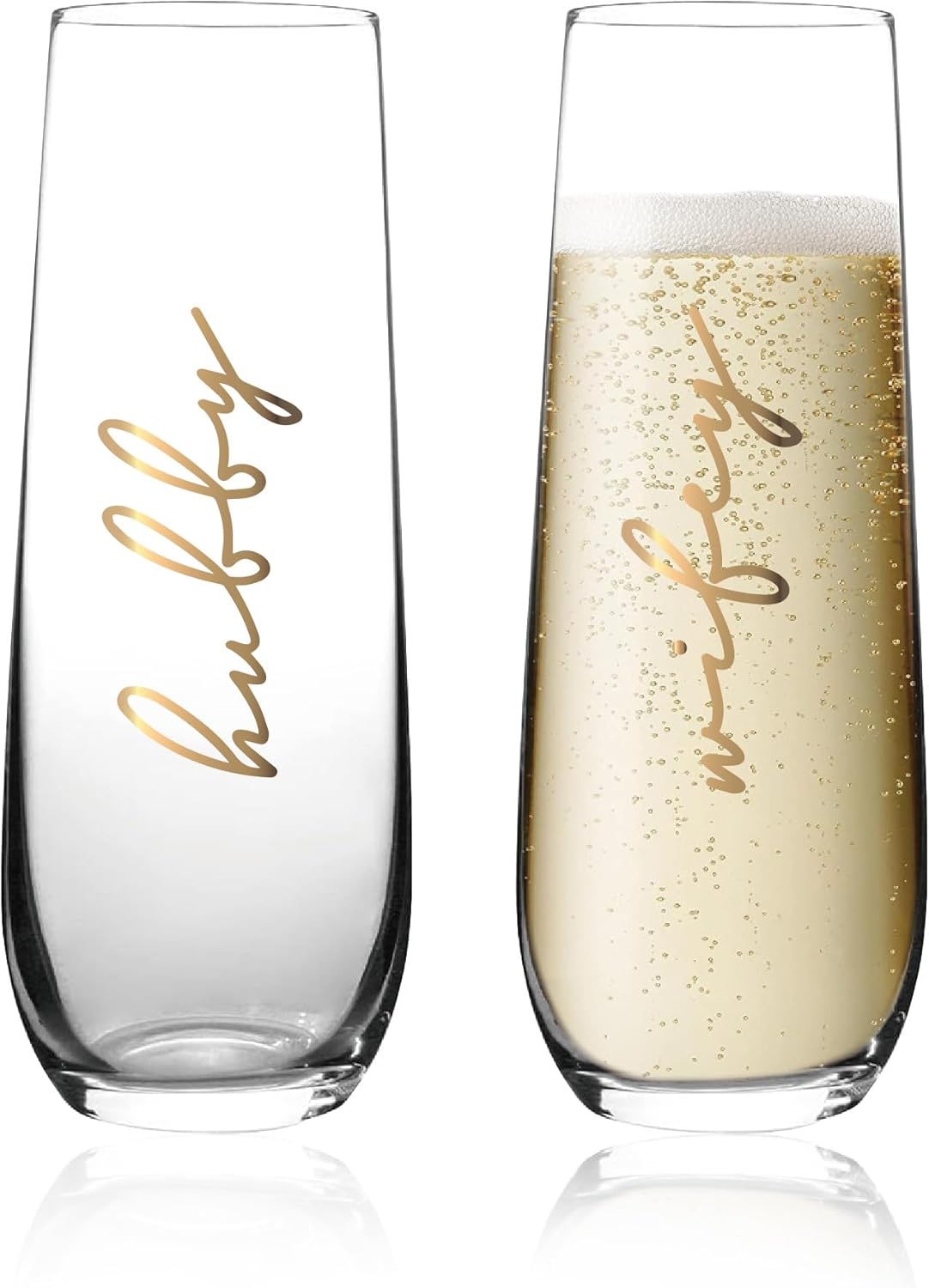 Hubby and Wifey Champagne Flutes, Wedding Flutes for Bride and Groom, Crystal Stemless Wine Glasses for Wedding, Newlyweds & Engagement
