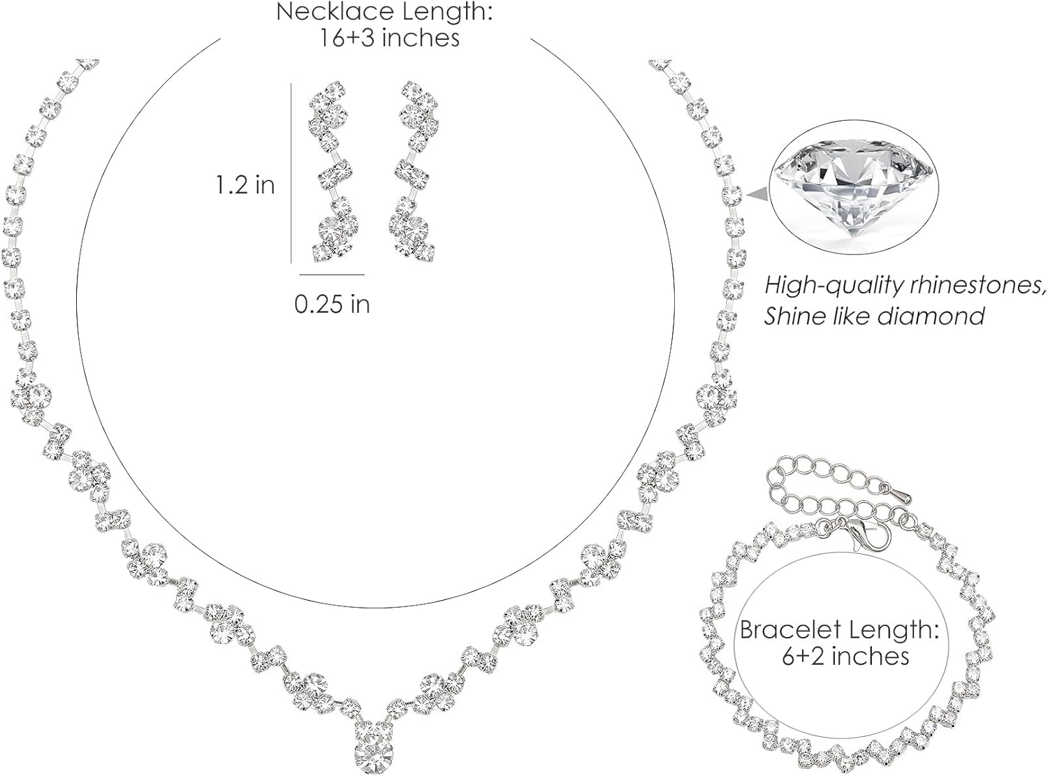 Elegant Necklace Earrings Bracelet Crystal Bridal Wedding Jewelry Sets for Brides Bridesmaid Prom Formal Costume Accessories for Women