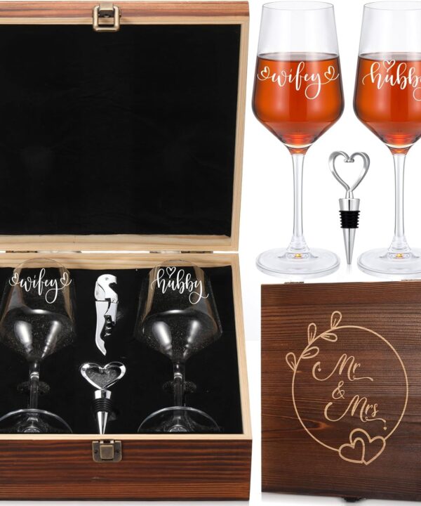 LemonRoad Wedding Gift Newlyweds Champagne Flute Set of 2 Bridal Shower Champagne Glasses Wine Opener Wine Stopper with Engraved Wooden Keepsake Box Engagement Gift for Couples (Hubby & Wifey)