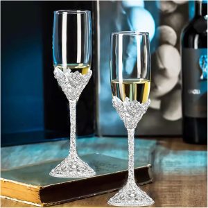 Wedding Champagne Flutes Set of 2 - Metal Base With Crystal Stones, Glasses for Bride and Groom, Engagement Gifts, Party, Anniversary, Christmas - 7oz
