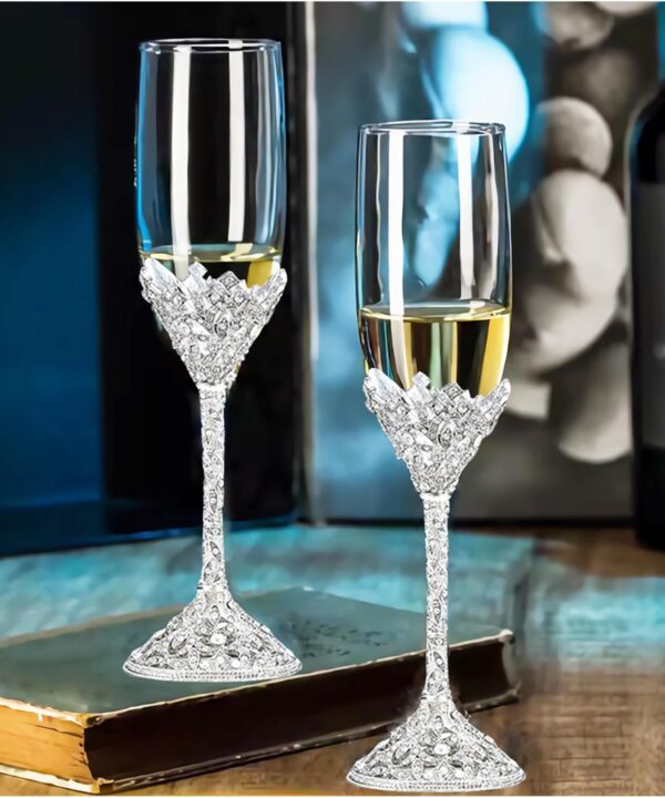 Wedding Champagne Flutes Set of 2 - Metal Base With Crystal Stones, Glasses for Bride and Groom, Engagement Gifts, Party, Anniversary, Christmas - 7oz