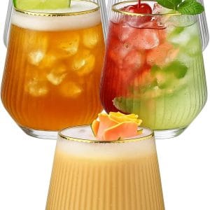 40 count Origami Ripple Unbreakable Stemless Plastic Wine Champagne Whiskey Glasses Elegant Durable Disposable Indoor Outdoor Ideal for Home, Office, Bars, Wedding, Ribbed 12 Ounce Cups (Gold Rim)