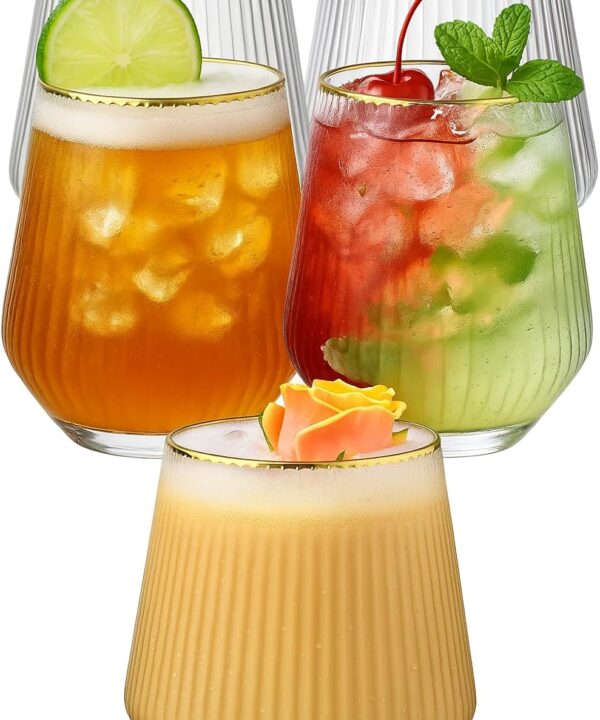 40 count Origami Ripple Unbreakable Stemless Plastic Wine Champagne Whiskey Glasses Elegant Durable Disposable Indoor Outdoor Ideal for Home, Office, Bars, Wedding, Ribbed 12 Ounce Cups (Gold Rim)