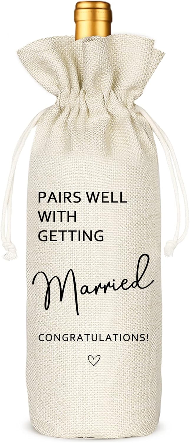 Socive Wedding Wine Bag, Linen Wine Gift Bag, Wedding Couples Gifts, Bride and Groom Gift, Pairs Well with Getting Married(5SW105)