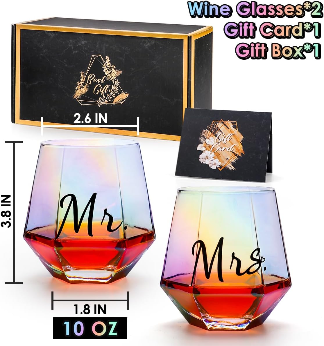 Mr & Mrs Iridescent Diamond Shaped Stemless Wine Glasses for Couples – Unique Colorful His & Hers Wedding & Engagement Gift Set of 2