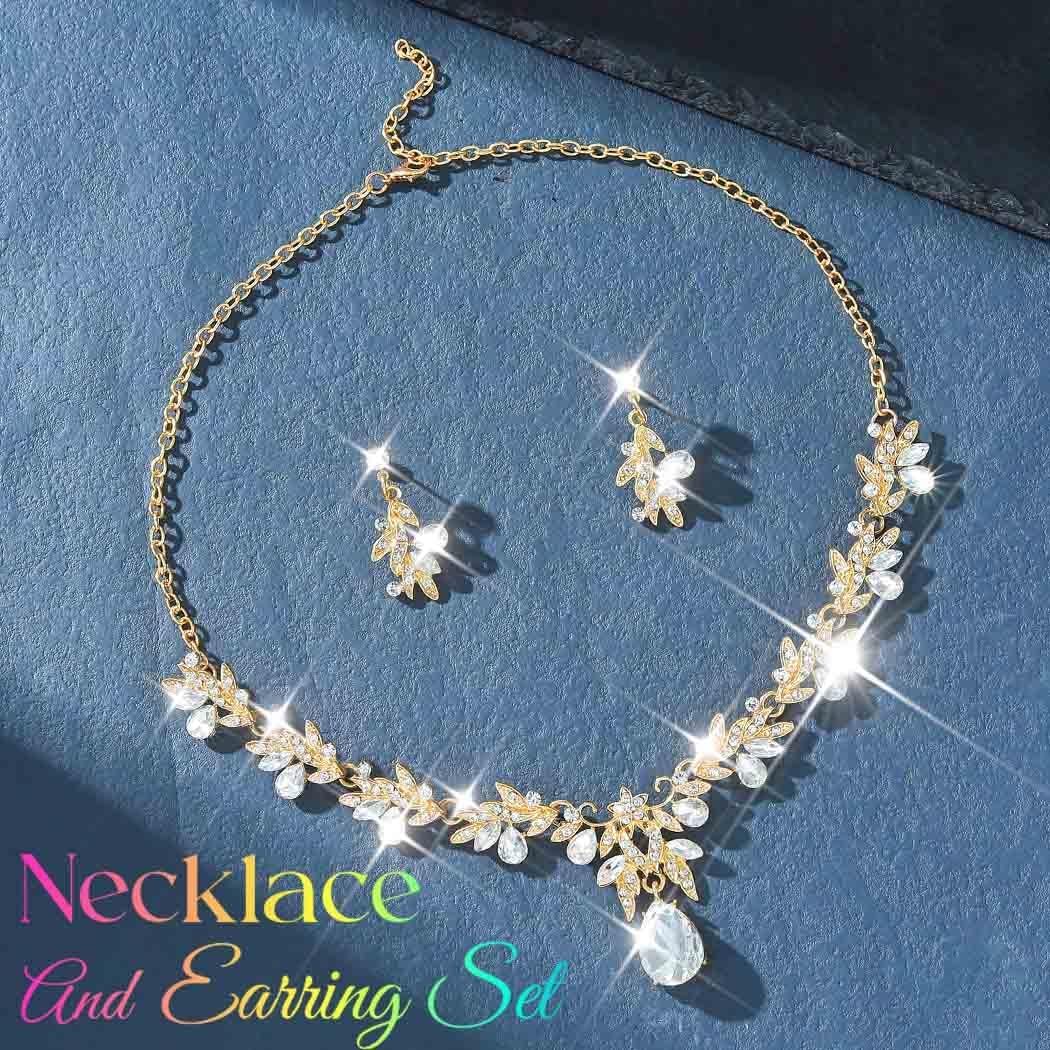 Unicra Rhinestone Bridal Wedding Jewelry Sets Gold Necklace Earrings Set Leaf Prom Formal Costume Jewelry Set for Women and Brides