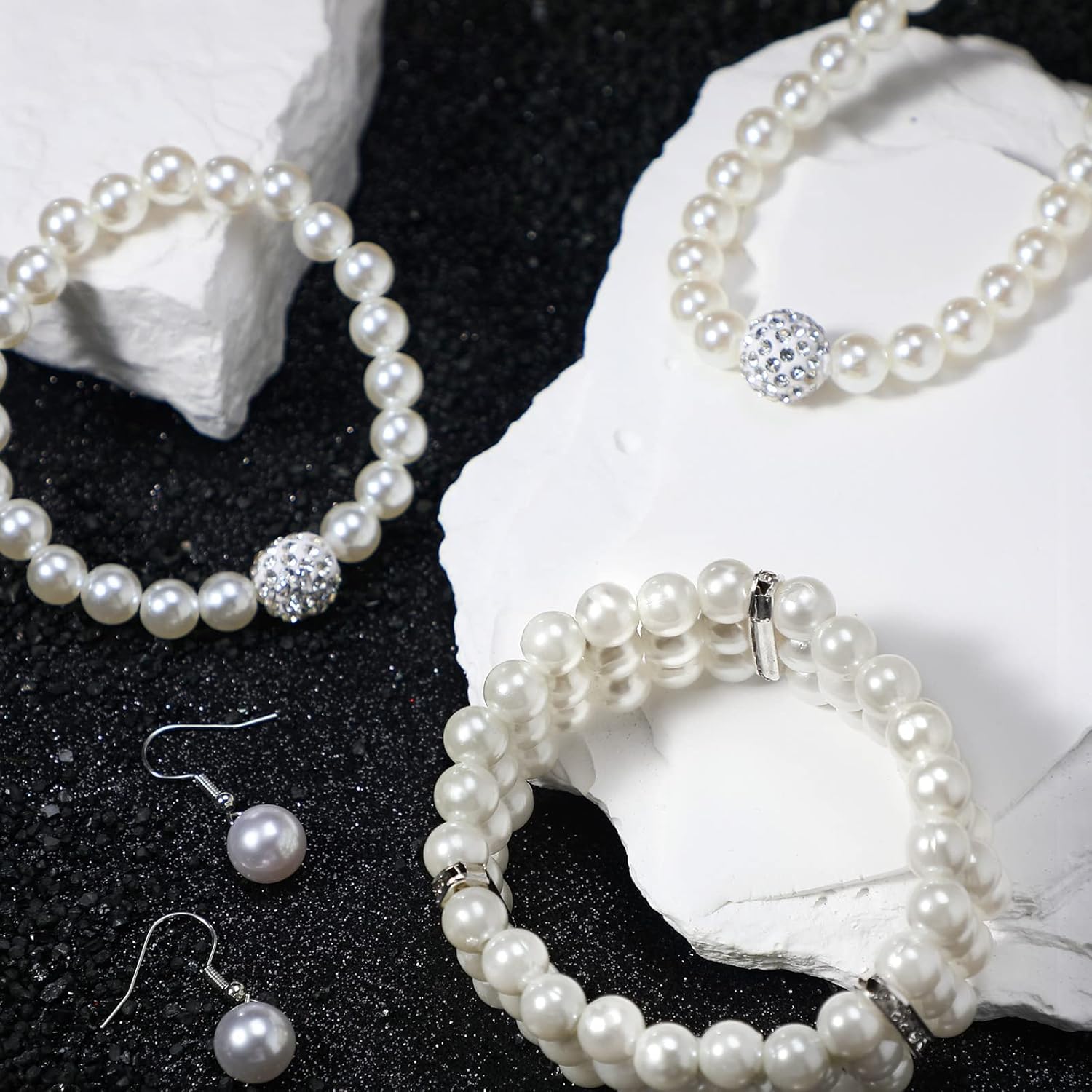 Glenmal Pearl Rhinestone Jewelry Set for Women Pearl Necklace Bracelet Earrings for Wedding Birthday Bridal Shower Tea Party