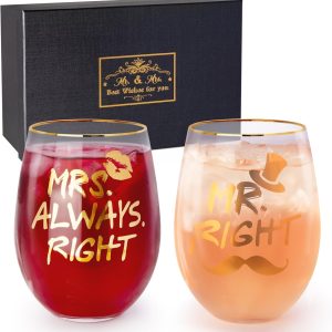 Wedding Gifts for Couples, Bridal Shower Gifts, Mr and Mrs Wine Glasses, Anniversary Gngagement Gift for Bride and Groom, Newlyweds, His and Hers, 2-18Oz Wine Glasses with Luxury Gift Box