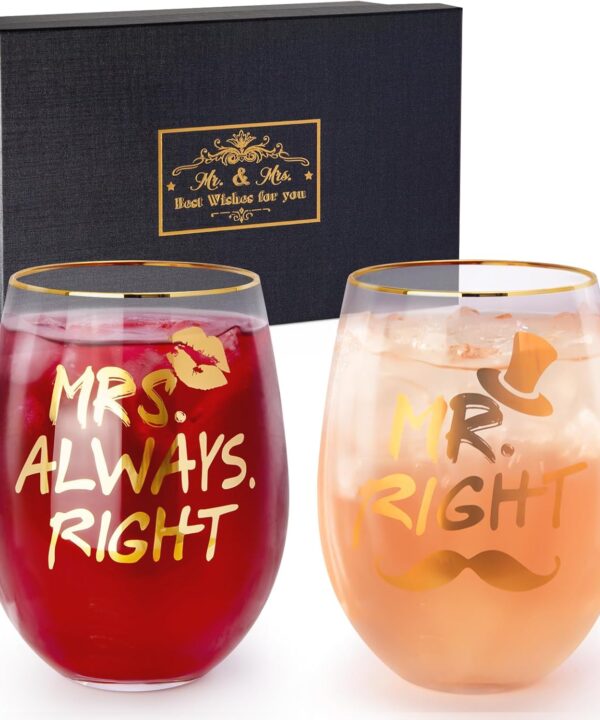 Wedding Gifts for Couples, Bridal Shower Gifts, Mr and Mrs Wine Glasses, Anniversary Gngagement Gift for Bride and Groom, Newlyweds, His and Hers, 2-18Oz Wine Glasses with Luxury Gift Box